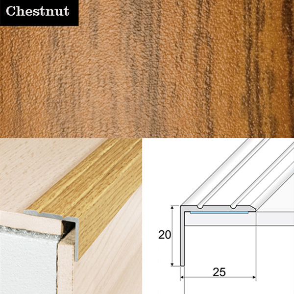 25 x 20mm Self Adhesive Wood Effect Non Slip Aluminium Stair Nosing Edge Trim