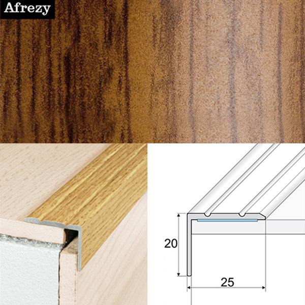 25 x 20mm Self Adhesive Wood Effect Non Slip Aluminium Stair Nosing Edge Trim