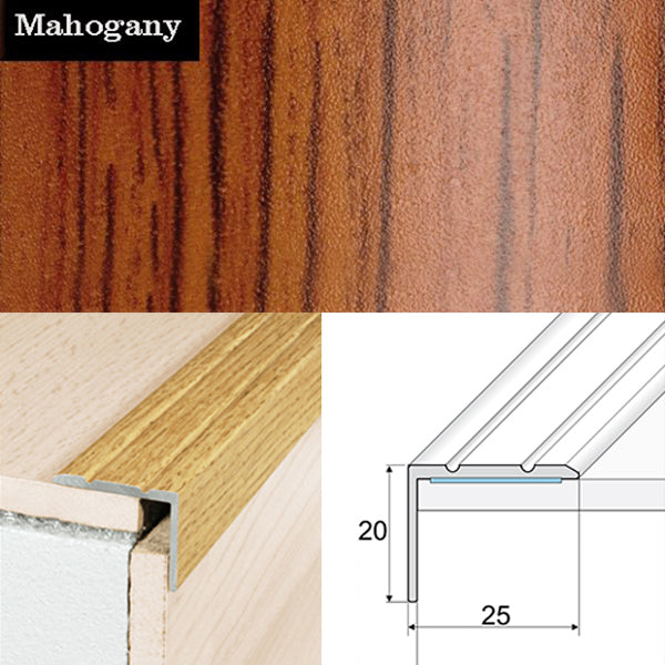 25 x 20mm Self Adhesive Wood Effect Non Slip Aluminium Stair Nosing Edge Trim