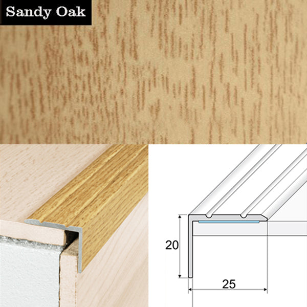 25 x 20mm Self Adhesive Wood Effect Non Slip Aluminium Stair Nosing Edge Trim