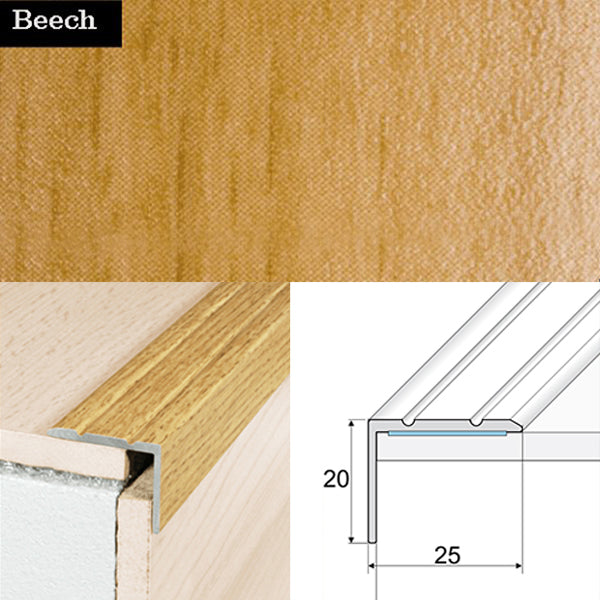 25 x 20mm Self Adhesive Wood Effect Non Slip Aluminium Stair Nosing Edge Trim