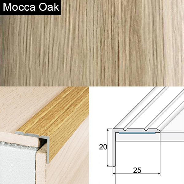 25 x 20mm Self Adhesive Wood Effect Non Slip Aluminium Stair Nosing Edge Trim