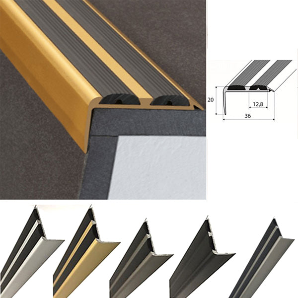 Aluminium Anti Slip Stair Nosing Edge Trim with Rubber Inserts 36 x 20mm