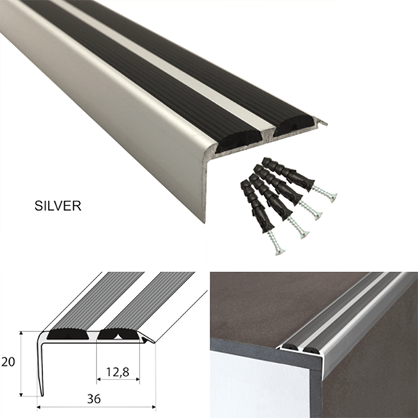 Aluminium Anti Slip Stair Nosing Edge Trim with Rubber Inserts 36 x 20mm