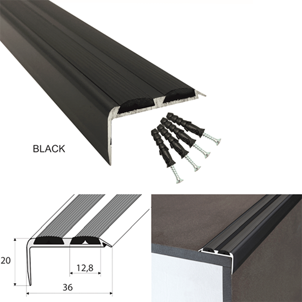 Aluminium Anti Slip Stair Nosing Edge Trim with Rubber Inserts 36 x 20mm