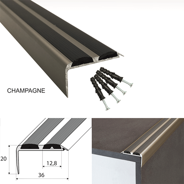 Aluminium Anti Slip Stair Nosing Edge Trim with Rubber Inserts 36 x 20mm
