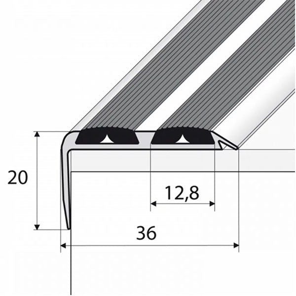 Aluminium Anti Slip Stair Nosing Edge Trim with Rubber Inserts 36 x 20mm