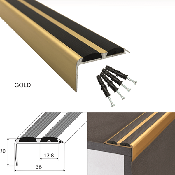 Aluminium Anti Slip Stair Nosing Edge Trim with Rubber Inserts 36 x 20mm