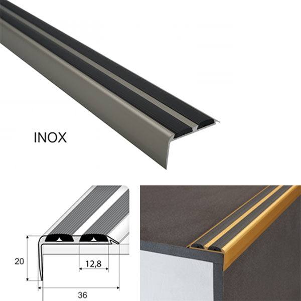 Aluminium Anti Slip Stair Nosing Edge Trim with Rubber Inserts 36 x 20mm