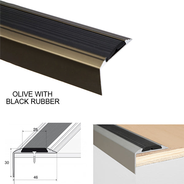 46 x 30mm Anti Slip Aluminium Stair Nosing Edge Trim with Rubber Insert