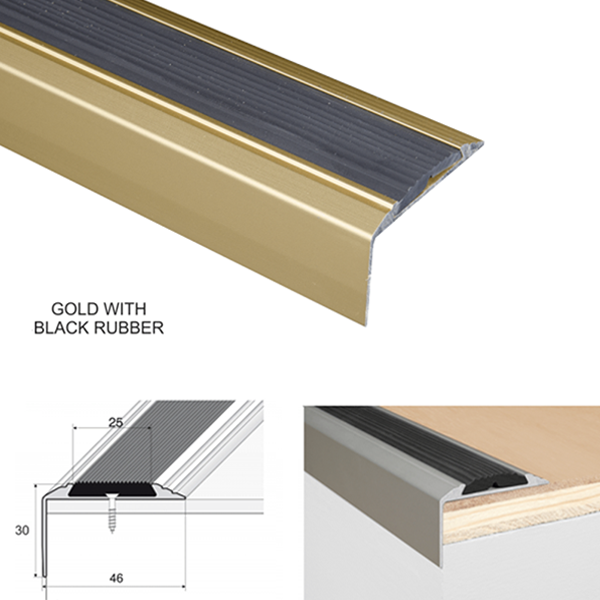 46 x 30mm Anti Slip Aluminium Stair Nosing Edge Trim with Rubber Insert