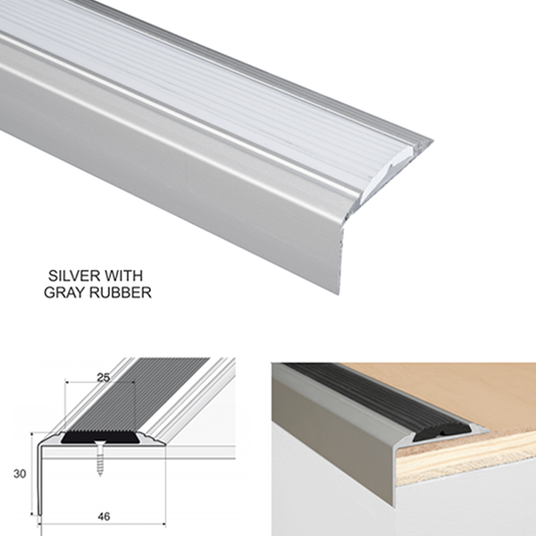 46 x 30mm Anti Slip Aluminium Stair Nosing Edge Trim with Rubber Insert