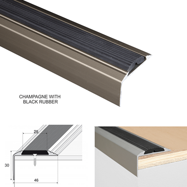 46 x 30mm Anti Slip Aluminium Stair Nosing Edge Trim with Rubber Insert