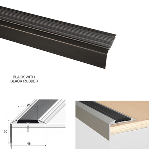 46 x 30mm Anti Slip Aluminium Stair Nosing Edge Trim with Rubber Insert