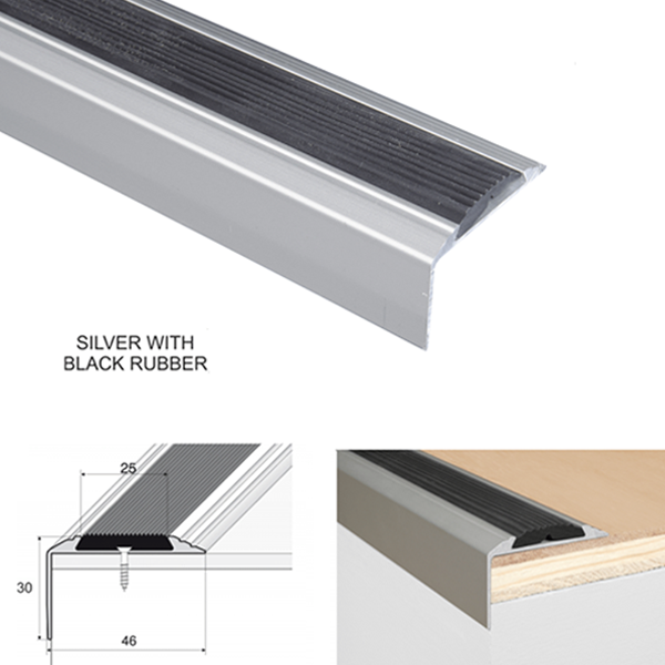 46 x 30mm Anti Slip Aluminium Stair Nosing Edge Trim with Rubber Insert
