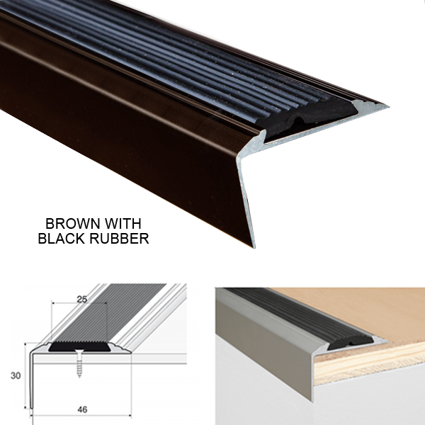 46 x 30mm Anti Slip Aluminium Stair Nosing Edge Trim with Rubber Insert