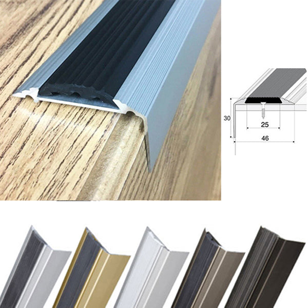 46 x 30mm Anodised Aluminium Stair Nosing Edge Trim with Rubber Insert - Self Adhesive and Non Slip