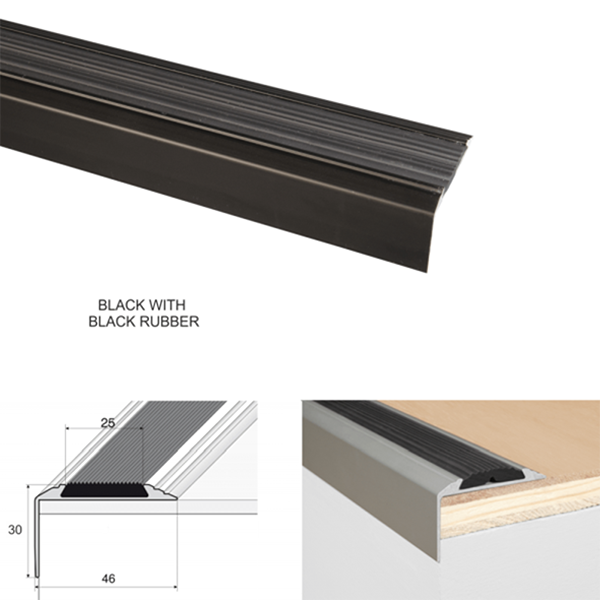 46 x 30mm Anodised Aluminium Stair Nosing Edge Trim with Rubber Insert - Self Adhesive and Non Slip