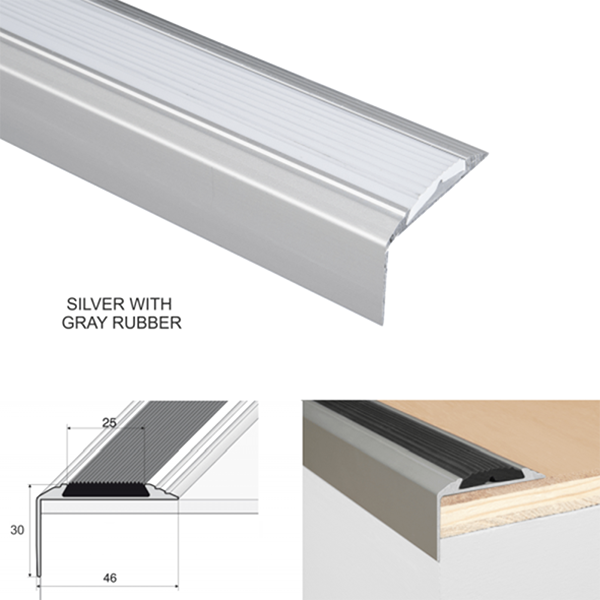 46 x 30mm Anodised Aluminium Stair Nosing Edge Trim with Rubber Insert - Self Adhesive and Non Slip