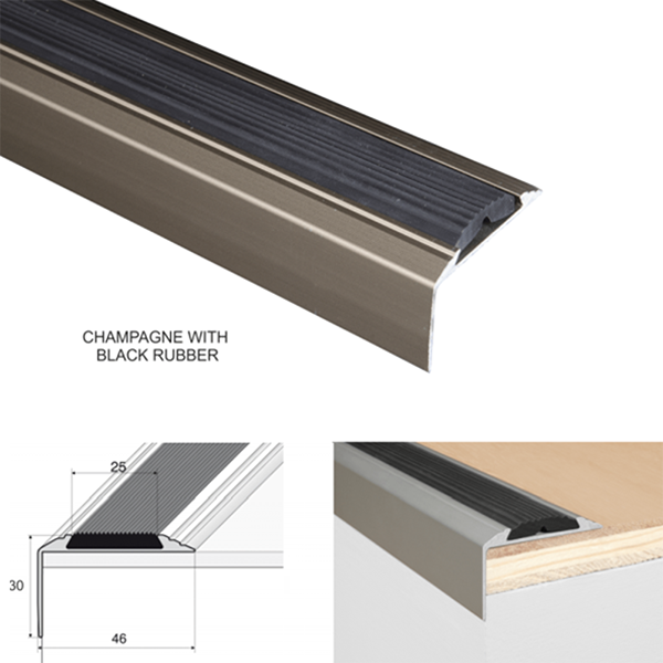 46 x 30mm Anodised Aluminium Stair Nosing Edge Trim with Rubber Insert - Self Adhesive and Non Slip