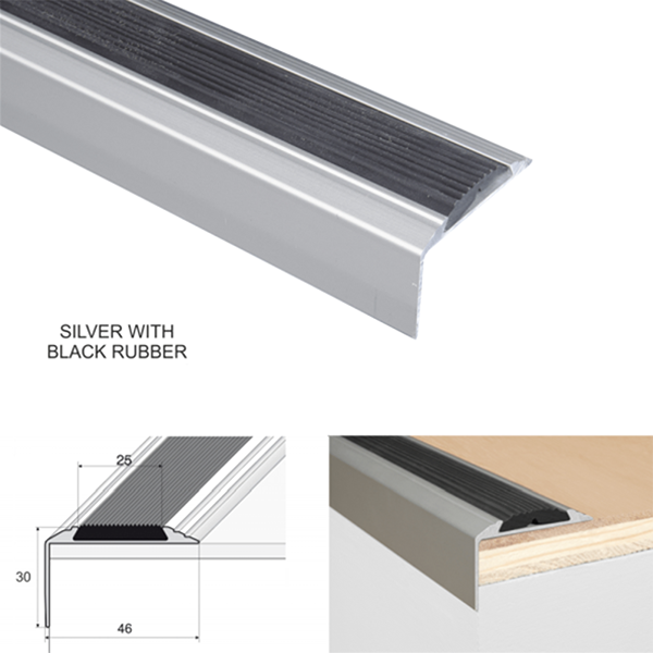 46 x 30mm Anodised Aluminium Stair Nosing Edge Trim with Rubber Insert - Self Adhesive and Non Slip