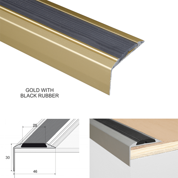 46 x 30mm Anodised Aluminium Stair Nosing Edge Trim with Rubber Insert - Self Adhesive and Non Slip