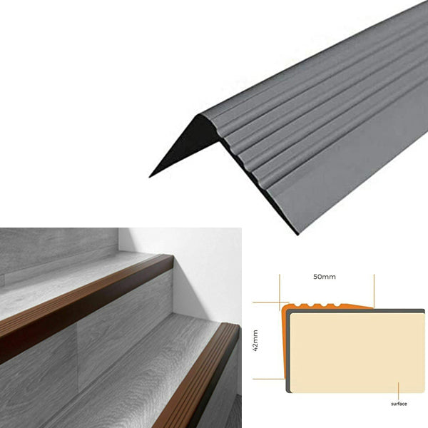 Non Slip Rubber Nosing for Bullnose Stair Edges and Angled Steps 50 x 42mm