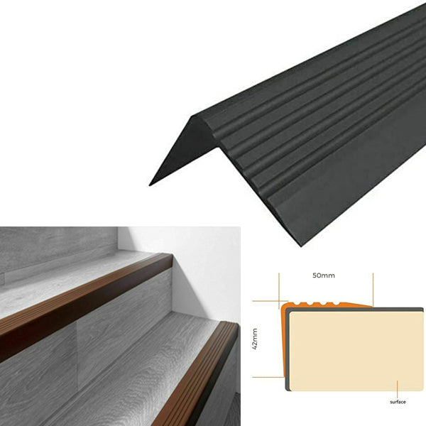 Non Slip Rubber Nosing for Bullnose Stair Edges and Angled Steps 50 x 42mm