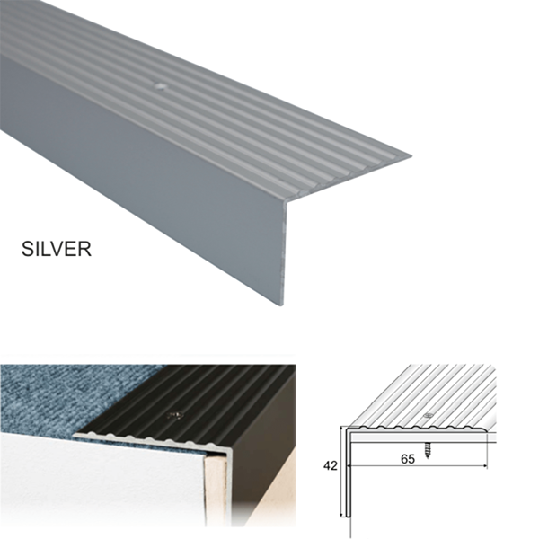 65 x 42mm Heavy Duty Non Slip Nosing in Anodised Aluminum for Stair Treads