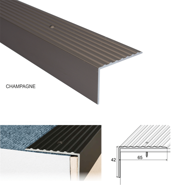 65 x 42mm Heavy Duty Non Slip Nosing in Anodised Aluminum for Stair Treads