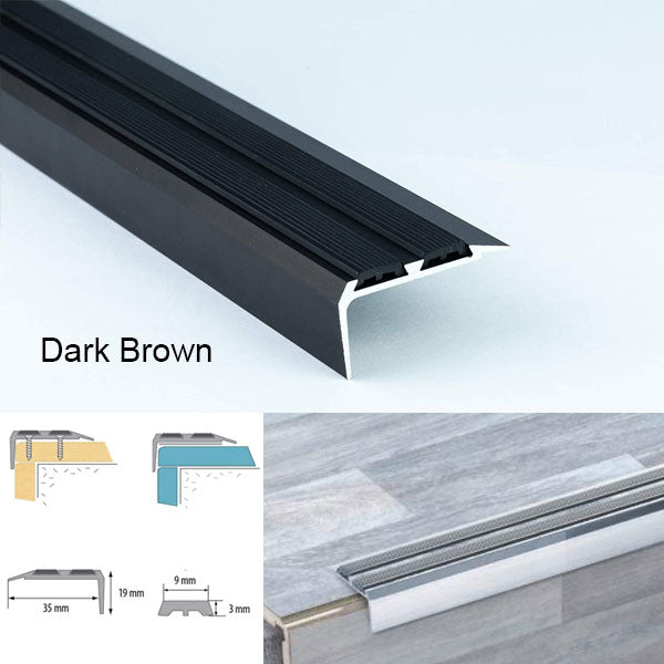 35 x 20mm Anti Slip Aluminium Stair Nosing Edge Trim Featuring Rubber Insert for a Perfect Finish