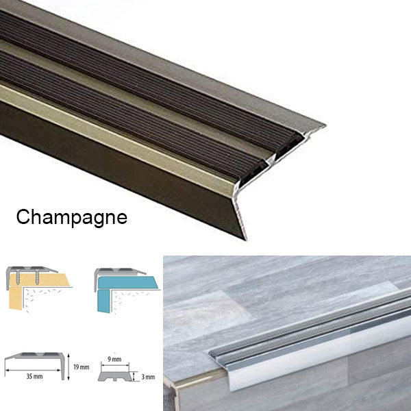 35 x 20mm Anti Slip Aluminium Stair Nosing Edge Trim Featuring Rubber Insert for a Perfect Finish