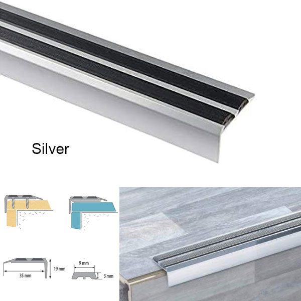35 x 20mm Anti Slip Aluminium Stair Nosing Edge Trim Featuring Rubber Insert for a Perfect Finish