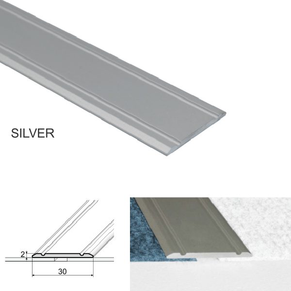 30mm Screw Fix Aluminium Flat Door Threshold for Wooden, Laminate, Carpet, and Vinyl Flooring