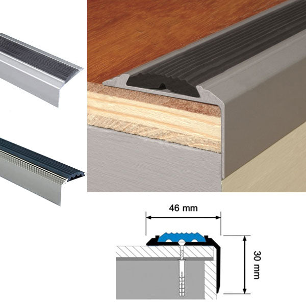 Aluminium Stair Nosing with Screw Fixing for Tread Edges - 1200mm x 46mm x 30mm