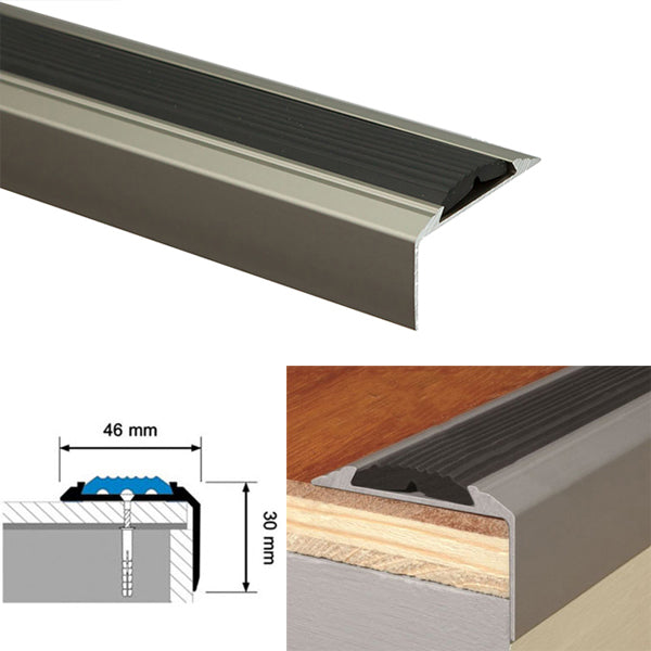 Aluminium Stair Nosing with Screw Fixing for Tread Edges - 1200mm x 46mm x 30mm