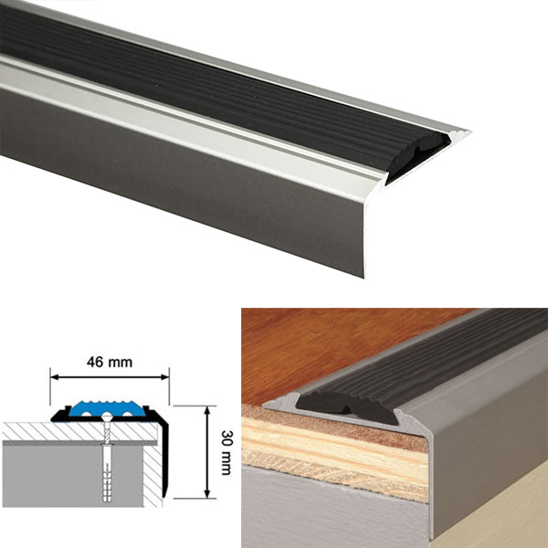 Aluminium Stair Nosing with Screw Fixing for Tread Edges - 1200mm x 46mm x 30mm