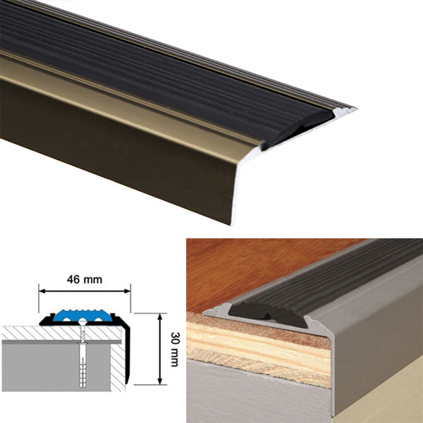 Aluminium Stair Nosing with Screw Fixing for Tread Edges - 1200mm x 46mm x 30mm