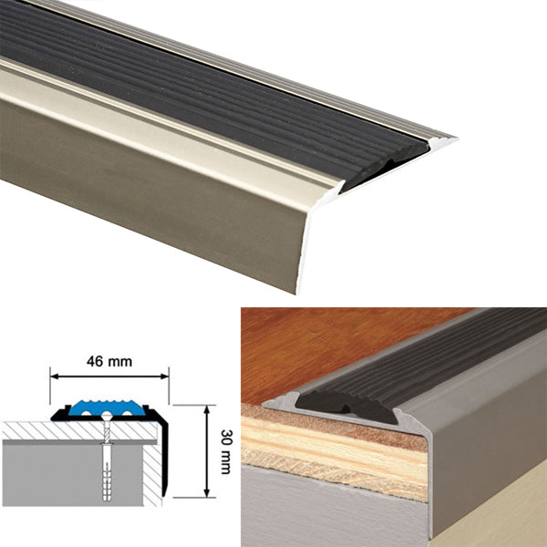 Aluminium Stair Nosing with Screw Fixing for Tread Edges - 1200mm x 46mm x 30mm