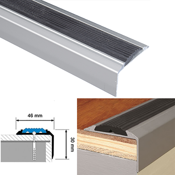 Aluminium Stair Nosing with Screw Fixing for Tread Edges - 1200mm x 46mm x 30mm