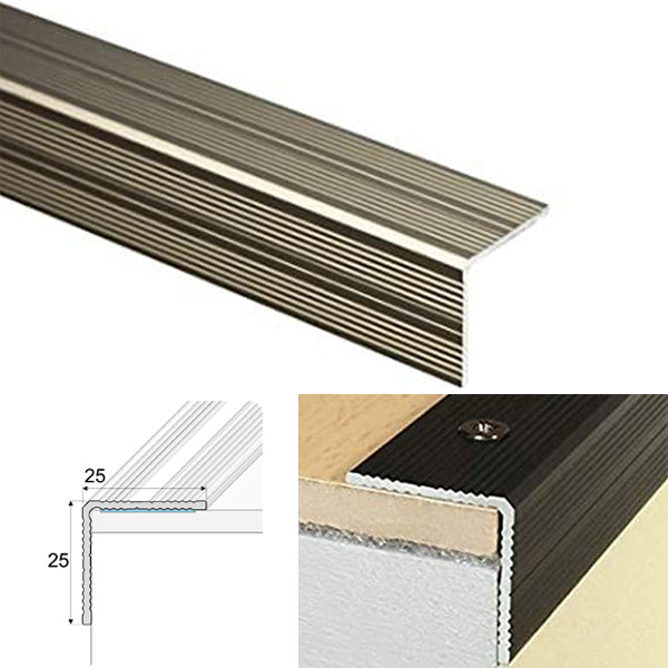 25 x 25mm Anodised Aluminium Stair Edge Nosing with Self Adhesive Anti Slip Strip