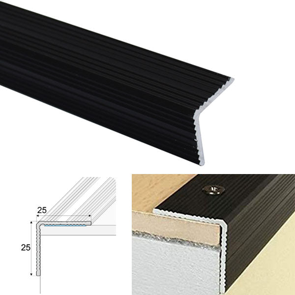 25 x 25mm Anodised Aluminium Stair Edge Nosing with Self Adhesive Anti Slip Strip