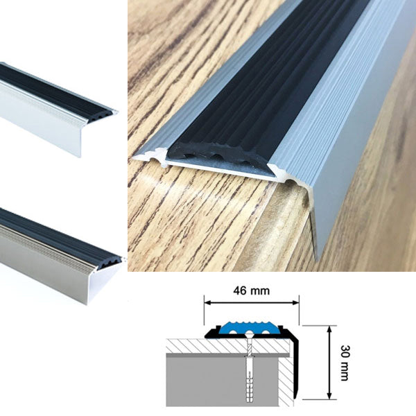 Anodised Aluminium Edge Nosing with Integrated Anti Slip Rubber Insert - 2400mm x 46mm x 30mm