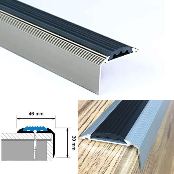 Anodised Aluminium Edge Nosing with Integrated Anti Slip Rubber Insert - 2400mm x 46mm x 30mm