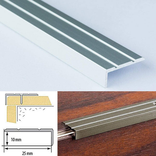 25 x 10mm Heavy Duty Anti Slip Aluminium Stair Edge Trim with Drilled Design