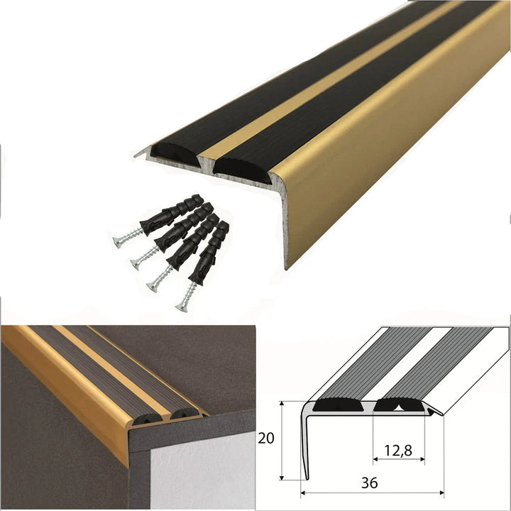 15 Pack Gold - 36mm x 20mm Anodized Aluminium Stair Nosing with Black Rubber Inserts and Non Slip Feature, 0.9m Length