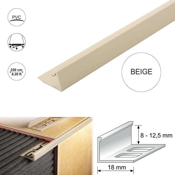 L Shaped Tile Trim with Straight Edge in PVC 8,10,12.5mm