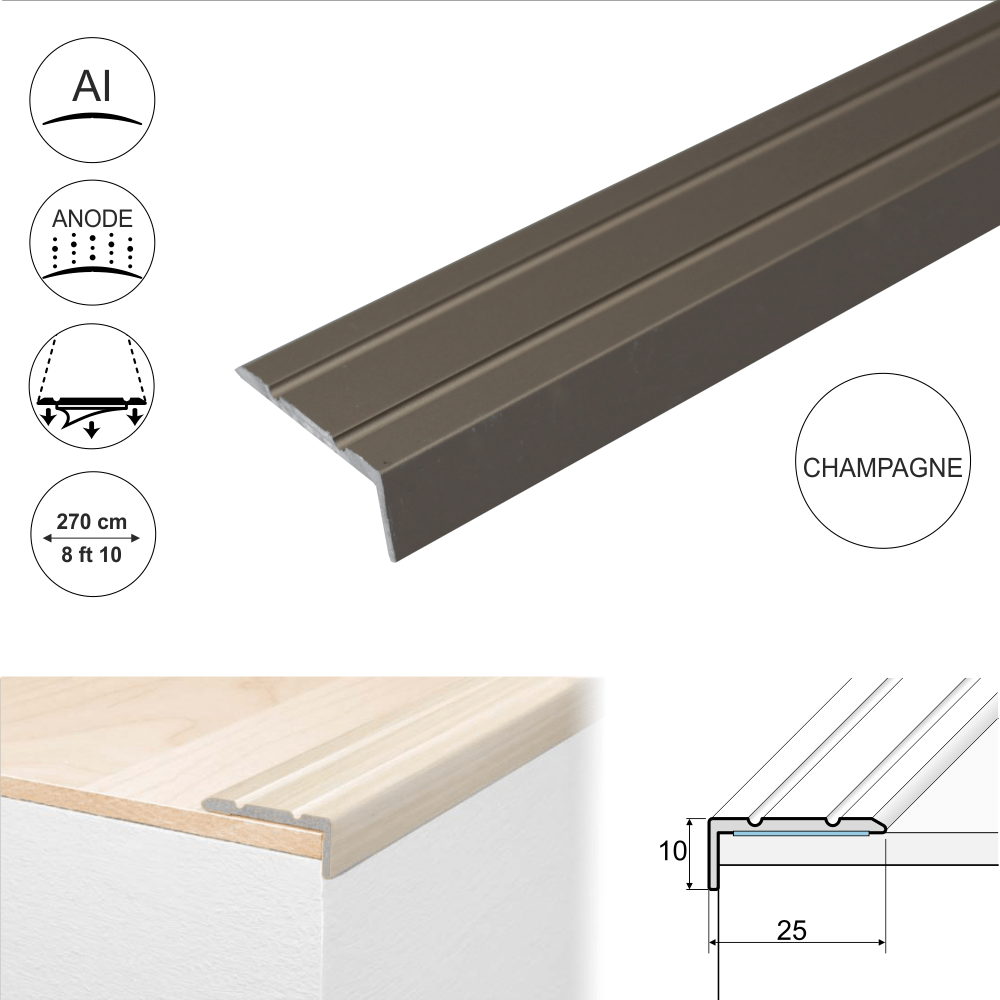 25 x 10mm Self Adhesive Anodised Aluminium Stair Nosing Edge Trim – Sleek, Screw Free, 2.7m Length