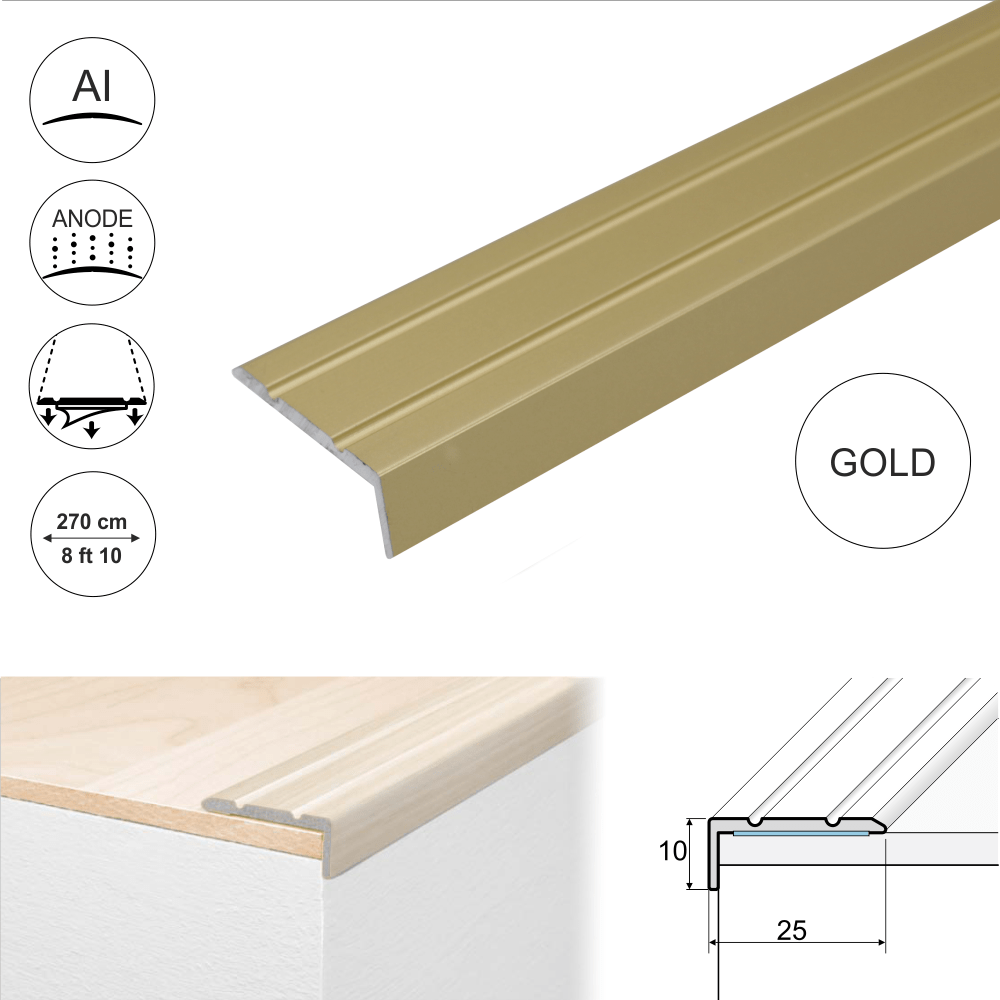 25 x 10mm Self Adhesive Anodised Aluminium Stair Nosing Edge Trim – Sleek, Screw Free, 2.7m Length