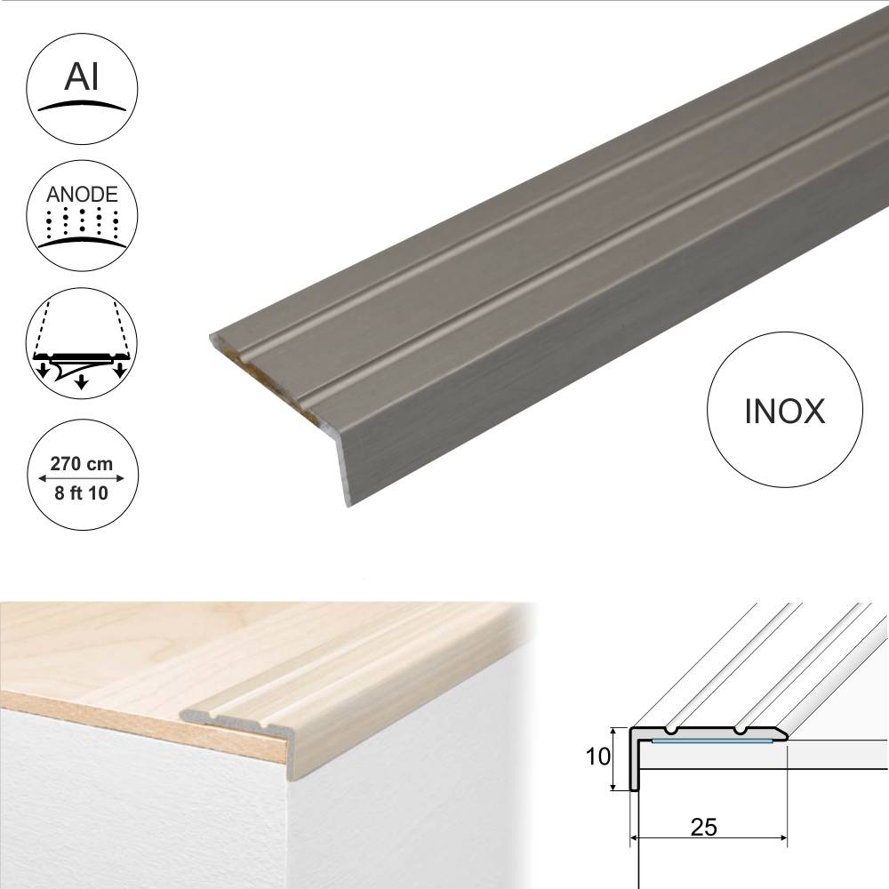 25 x 10mm Self Adhesive Anodised Aluminium Stair Nosing Edge Trim – Sleek, Screw Free, 2.7m Length